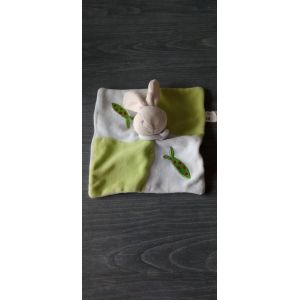 Doudou peluche lapin plat siplec vert et blanc. - Occasion