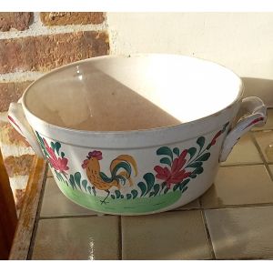 Jatte Ancienne En Fa&iuml;ence,Motifs Coq Et Fleurs - Hbcm Pour Hyppolite Boulenger Creil Et Montereau - Terre De Fer Diam&egrave;tre 26cm ,Hauteur 12.5cm - Largeur Avec Poign&eacute;es 33cm Environ - Occasion