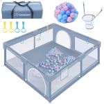 WoRaum Parc B&eacute;b&eacute; 150 x 180 x 66 cm, Parc Enfant avec Poign&eacute;es de Traction, Balles, Filet Respirant, Sol Antid&eacute;rapant, Parc de Jeu S&eacute;curis&eacute; pour Enfants(Gris &ndash; &Eacute;dition &eacute;tendue) (WoRaum Center, neuf)