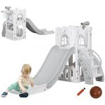 AIYAPLAY Toboggan pour Enfant 5 en 1 avec Panier de Basket, télescope, Espace de Rangement, Ballon et Escalade antidérapante, Aire de Jeux intérieur et extérieur pour garçons et Filles 1-3 Ans, Gris (Aosom FR, neuf)