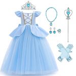 IBAKOM Enfant Fille Robe Princesse Cendrillon Cosplay Tenues Carnaval Halloween No?l Anniversaire F?te Jouer un r?le Gants Baguette Magique Accessoires Bleu clair - 12 7-8 ans (ZhuL, neuf)