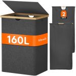 Lifewit 160L Panier a Linge 2 Compartiment en Bambou, Corbeille a Linge Pliable avec Couvercle, Grand Bac a Linge avec Double Sacs Amovibles pour Chambre, Salle de Bain, Buanderie, Gris Foncé (Lifewit Home FR, neuf)