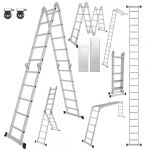 Yakimz Échelle multifonction 4 x 4 marches 4,7 m 7 en 1 en aluminium | jusqu'à 150 kg | Échelle multifonction avec 2 roulettes de transport et 2 plateformes | Échelle pliante | Échelle simple (HITGROW, neuf)