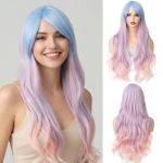 PARXITN Perruque pour femme Ombr&eacute; Bleu Rose Violet Perruque avec frange 28 pouces/70 cm de long Boucl&eacute;e ondul&eacute;e pour femmes Cosplay Halloween Costume Carnaval Mardi gras (HAIRREAL, neuf)