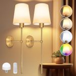 Ketom 2 Pack Lampe Murale Sans Fil Rechargeable, 12 RGB Dimmable Luminaire LED Mural à Piles, avec Télécommande, Applique Murale Interieure Vintage avec Abat-jour en Tissu Blanc, Doré (Ketom, neuf)