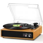 Platine Vinyle, FYDEE Tourne Disque Vinyle Bluetooth avec Émetteur pour Enceintes, Portable avec 3 Vitesses 33/45/78 TR/Min, 2 Haut-Parleurs Intégrés, Sortie RCA, Entrée AUX - Chêne (LEWISZ, neuf)