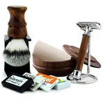 Kit cadeau de rasage 7 pi&egrave;ces en bois pour homme - Rasoir de s&eacute;curit&eacute;, blaireau synth&eacute;tique avec manche en bois l&eacute;ger et bol de rasage en bois (JAG GERMANY, neuf)