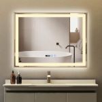YU YUSING Miroir de Salle de Bain LED 80x60cm, Miroir Lumineux Cosmétique Mural avec 3 Couleurs de Lumière Réglables, Cadre Métallique, Affichage L'heure, Anti-buée, IP44 Étanchéité, Horizontal Doré (YuSing, neuf)