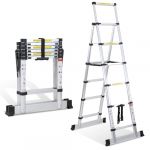 Fiqops Échelle télescopique 1,7 m + 2,0 m - 5 + 6 marches - Cadre en A - Charge maximale 150 kg - Échelle Extensible en Aluminium pour réparations de Toit - Taille pliée : 65 cm (FEISAAE, neuf)