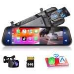 Podofo HD Rétroviseur Dashcam Caméra de Recul avec Apple CarPlay sans Fil Android Auto,9,66 Pouces 1080P IPS Écran Tactile Double Caméra de Tableau,2 Écrans D'affichage,Bluetooth+AHD Caméra de Recul (podofo Shop, neuf)