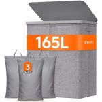 Lifewit Panier a Linge 3 Compartiment 165L, Corbeille a Linge Plastique avec Couvercle, Grand Bac a Linge avec Plastique Poignées et 3 Sacs Amovibles pour Chambre, Salle de Bain, Buanderie, Gris (Lifewit Home FR, neuf)