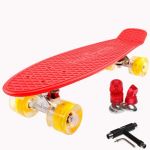 FunTomia Planche &agrave; roulettes Mini-Board Skateboard 57cm - avec roulements ABEC-11 - Style Retro Cruiser en Plastique (Rouge - avec LED Roues Jaune + T-Tool) (S+S Sportartikel GmbH, neuf)