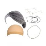 LCSVCCXA 5 Pi&egrave;ces Perruque Vieille Dame Accessoires Grand-m&egrave;re Collier Cha&icirc;ne Lunettes Polyester L&eacute;ger Facile &agrave; Porter Convient Cosplay Spectacle Rassemblement, Noir Gris Droit (Grain Harmony, neuf)