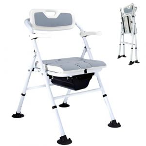 CYHWQ Chaises de Toilette pour Personnes âgées, Chaise Percée Pliable Adulte Réglable en Hauteur avec Siège Rembourré et Seau Amovible, Chaise de Douche Pliante avec Accoudoir et Dossier (CYHWQ, neuf)