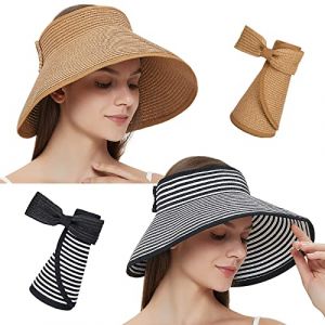 Maylisacc Visière en Paille pour Femme, Chapeau à Large Bord Enroulable Parasols Chapeaux de Plage été Pliables pour Vacances Randonnée sur Plage (Rayures Noire + Kaki, 2 Pièces) (Petrunup-EU, neuf)