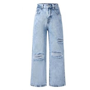 Happy Cherry Filles Jeans Jambe Large Enfants Mode D&eacute;chir&eacute; Trou&eacute; Jean &Eacute;lastique Taille Bleu Denim Pantalon Large avec Poches, 9-10 Ans (QIAOEU, neuf)