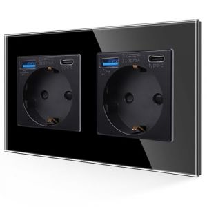 JIMEIDA Prise double avec USB 20 W en noir, prises en verre 16 A avec charge rapide, port USB et port de type C, contact de protection encastré, prise murale 157 x 86 mm, 250 V, 2 compartiments (KELA EU, neuf)