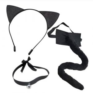 Lot de 3 accessoires de costume oreilles et queue de chat avec serre-t&ecirc;te, longue queue et collier ras du cou pour Halloween, f&ecirc;tes costum&eacute;es, f&ecirc;tes sur le th&egrave;me des animaux, foulard (noir, taille (Jipersuo, neuf)