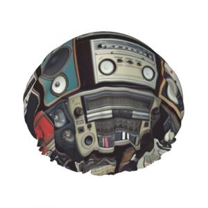 Bonnet de douche vintage avec radio murale, pour femme, imperm&eacute;able et r&eacute;utilisable, double couche, grand bonnet de bain, lavable, avec bande &eacute;lastique, pour le bain et les tresses, pour homme (ZhangQiangPosters, neuf)