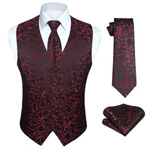 Enlision Gilet Costume Noir-Vin Rouge Homme Mariage Paisley Ensemble de Cravate et Pochette Jacquard Gilets sans Manche pour F&ecirc;te L (QIWEIEUR, neuf)