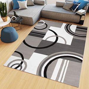 TAPISO Maya Tapis Poil Court Moderne Gris Noir Blanc Géométrique Motif Lignes Cercles Tapis Salon Chambre Salle à Manger Adulte Bureau Oeko-TEX Résistant 80 x 150 cm (TAPISO-FR, neuf)