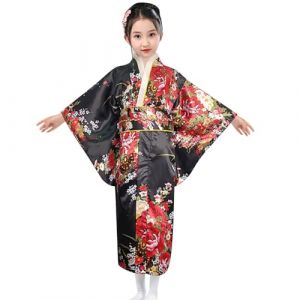 Kimono Japonais Traditionnel pour Fille B&eacute;b&eacute; Enfant Robe avec Obi Set Tenue Cosplay Festival Anniversaire Photographie Costume Asiatique &Eacute;t&eacute; L&eacute;ger &Eacute;l&eacute;gant D&eacute;contract&eacute; Robe (A02-Black, 9-10 Years) (AncientCrab, neuf)