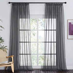 PONY DANCE Voilage Gris - Rideau Voilage Décoration Salon Moderne pour Maison Chambre en Lin Effet à Galon Fronceur Romantique, 140 x 245cm（Largeur x Hauteur）, Lot de 2, Gris Pur (RYB HOME EU, neuf)