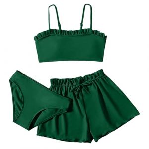 Maillot De Bain 3 Pi&egrave;ces Ado Fille 8-16 Ans Ensemble Maillot De Bain Enfant Fille D&eacute;bardeur Camisole + Tanga + Short Bikini Fille Chic Pas Cher Plage Oc&eacute;an Natation (Green, 12-14 Ans) (SoLu DAY8, neuf)