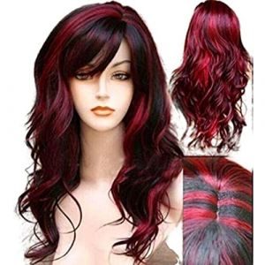 Perruque rouge et noire en perruque rouge et noir perruque bouclée courte avec frange synthétique cheveux longs ondulés rouges mélanges noirs mixtes cosplay cosplay costume halloween wig fibre hair f (enshishishaobobaihuoyouxiangongsi, neuf)