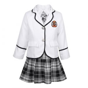 Yruioon Enfants Filles 4 Pi&egrave;ces Uniforme Scolaire &agrave; Manches Longues Blazer Veste avec Chemise Habill&eacute;e Mini Jupe &agrave; Carreaux Cravate Ensemble 4-14 Ans Blanc 10-12 Ans (Yruioon, neuf)