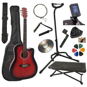 AMROVA Guitare Acoustique Folk 4/4 Adulte 41 Pouces + Support Guitare + Repose Pied + 9 Accessoires Cour Vid&eacute;o et CD (Rouge) (Amrova FR, neuf)