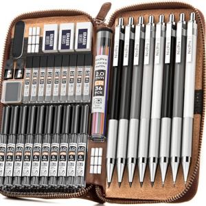 Nicpro Lot de 38 porte-mines artistiques dans un étui en cuir, 3 crayons à dessin en métal 0,5, 0,7, 0,9 mm et 5 porte-mines de 2 mm (couleurs 6B, 4B, 2B, HB, 2H, 4H) pour croquis et dessin avec 20 (NicproShop EU, neuf)