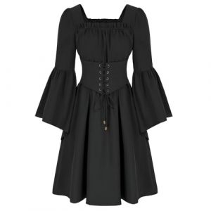 AEGJEGVD 2025 Robe Gothique Médiévale Femme Robes Moyen Age Renaissance Dress Rétro à Manches Flares Costume Bustier Epaules Dénudées Robe de Bal Punk Carnaval Cosplay deguisement Hallowee Pas Cher (⭐⭐⭐⭐⭐AEGJEGVD⭐⭐⭐⭐⭐, neuf)
