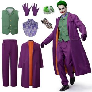 IEEILULU Deguisement Joker Hommes, Costume Clown Tueur Horreur Halloween Killer Joker Hommes avec Manteau Violet, Gilet Vert, Pantalon, Cravate, Faux Col de Chemise et Gants pour Halloween (L) (NEXUSHIVE VELVETAPEX Kft., neuf)