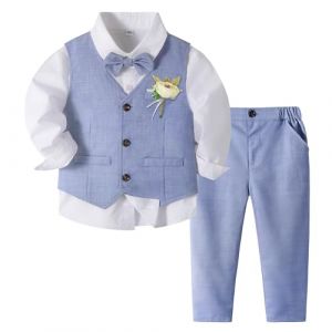 Volunboy Ensemble Costume Bébé Garçon, Cérémonie Formel Mariage 4 Pièces Gilet Chemise Pantalon avec Noeud Papillon (4-5 Ans, Bleu Clair, Taille 120) (Volunboy, neuf)