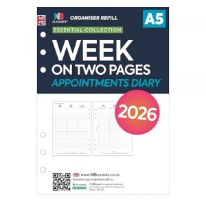 Recharge d'agenda 2026 au format A5, semaine sur deux pages, compatible Filofax A5, 148 x 210 mm (rendez-vous 2026) (Domina Group Ltd, neuf)