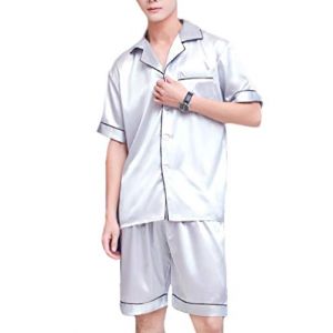 Pyjama Court en Satin Homme Ensemble Pyjama à Manches Courtes Confortable Ensemble De Vêtements De Nuit D'été Ensemble De Pyjama D'été Ensemble De Pyjama Pantalon Costume Deux Pièces (Argenté,XXXL) (huixin fashion, neuf)