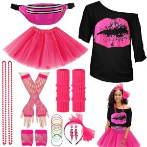 YOUYIKE Déguisement Année 80 Accessoire Femme, S/M/L/XL/XXL, T-shirt, Sac Ceinture, Tutu, Bandeau, Collier, Boucle d'oreille, Gants Résille, Costume Déguisement Disco pour Années 80 (M-Rose) (smnwei'store, neuf)