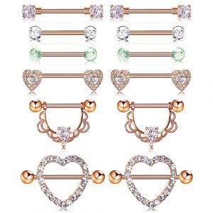 Bewudy 6 paires de piercings de t&eacute;tons, anneaux de t&eacute;tons Bijoux de piercing de corps pour femmes Piercing t&eacute;tons Barbells Bijoux de piercing pour femmes (or) (JIESUO, neuf)