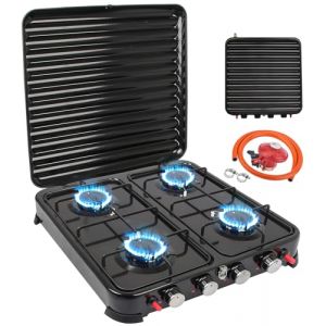 Réchaud Gaz 4 feux, 8.8KW Réchaud à Gaz Rechaud Camping Gaz Portable pour Camping, Réchauds de Camping Avec Allumage automatique Camp Bistro 48X48.5X10.5 CM (Gutaxlu, neuf)