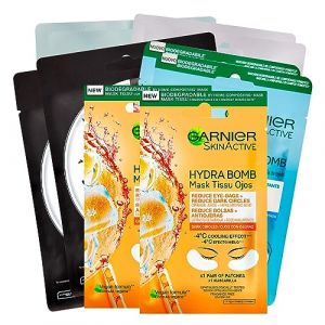Garnier SkinActive Masque Tissu Hydratant Grenade + 2 x Hydra Bomb Apaisant Camomille + 2 x Hydra Bomb Thé Vert + 2 x Pure Characoal Purifiant + 2 x Anti Fatigue Yeux (Eurocali, neuf)