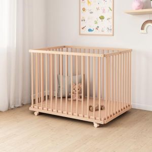 Mokee Parc Bébé Pliable en Bois - Parc de Jeu pour Bébé Réglable en Hauteur avec Base et Roulettes avec Freins - 100 x 75 cm (Hêtre naturel non traité) (Mokee., neuf)