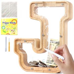 Lakpopya Tirelire en Bois pour Enfant Tirelire Cochon Personnalis&eacute;e de Lettres A &agrave; Z Tirelire Billet Transparente Cr&eacute;ative pour Cadeau D&eacute;coration Bapt&ecirc;me pour Fille Garcon (J) (Never fail, neuf)