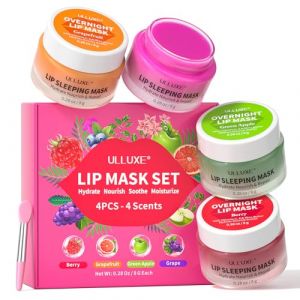 Masque de nuit pour les lèvres 4 pièces – Coffret baume à lèvres hydratant pour femmes et hommes, soin de nuit pour apaiser les lèvres sèches aux baies, pamplemousse, pomme verte et raisin (wuliandianzishangwu, neuf)