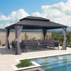 PURPLE LEAF Tonnelle de Jardin Exterieur 4,85 x 3,65 m Tonnelle Jardin avec Moustiquaire et Rideaux Pergola Aluminium à Double Toit Acier Galvanisé Tonnelles de Camping Imperméable pour Terrasse, Gris (PURPLE LEAF, neuf)