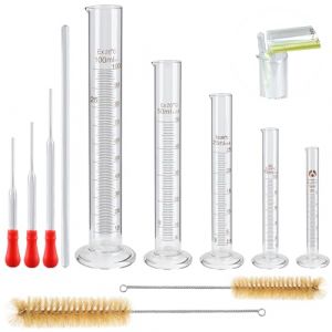 5 Pcs &Eacute;prouvette Gradu&eacute;e en Verre, 5ml/10ml/25ml/50ml/100ml Cylindre Gradu&eacute;, Eprouvette Verre avec 3*Pipettes, 2*Brosses pour Tubes &agrave; Essai, 2*Barreaux D'Agitation pour Laboratoire (COEMA EU, neuf)