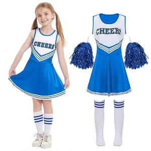 Cnexmin Deguisement Cheerleader Costume De Cheerleader Pour Filles Uniforme De Pom-Pom Girl Cosplay Costume Avec Pompoms Manches Costume Cheer Leader Halloween Carnaval Mascarade 12-13 Ans,Bleu 170cm (zhoukoujixixinxizixunfuwuyouxiangongsi, neuf)