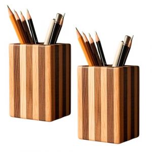 SHOPUKASA Lot de 2 porte-crayons en bois naturel multi-usages - Pot à crayons - Boîte de rangement de bureau (motif rayé) (UKASA, neuf)