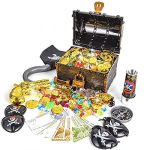 Ulikey Bo&icirc;te de Coffre au Tr&eacute;sor de Pirate avec 50pcs d'or de Pirate + 100g Acrylic Diamant de Pirate, Jouets Enfants Halloween en Plastique Tr&eacute;sor pour Le Tr&eacute;sor Chasse Jeu D&eacute;coration de F&ecirc;te (Niedfisch Etrade, neuf)