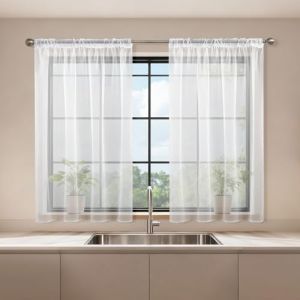 Runy&eacute;la Lot de 2 Rideau Voilage Fenetre Blanc 90x120 cm(LxH) avec Galon Fronceur, Transparent Moderne Rideaux et Draperies D&eacute;corations Int&eacute;rieurs Cuisine Salon Chambre &Eacute;l&eacute;gant Romantique (Runi-EU, neuf)